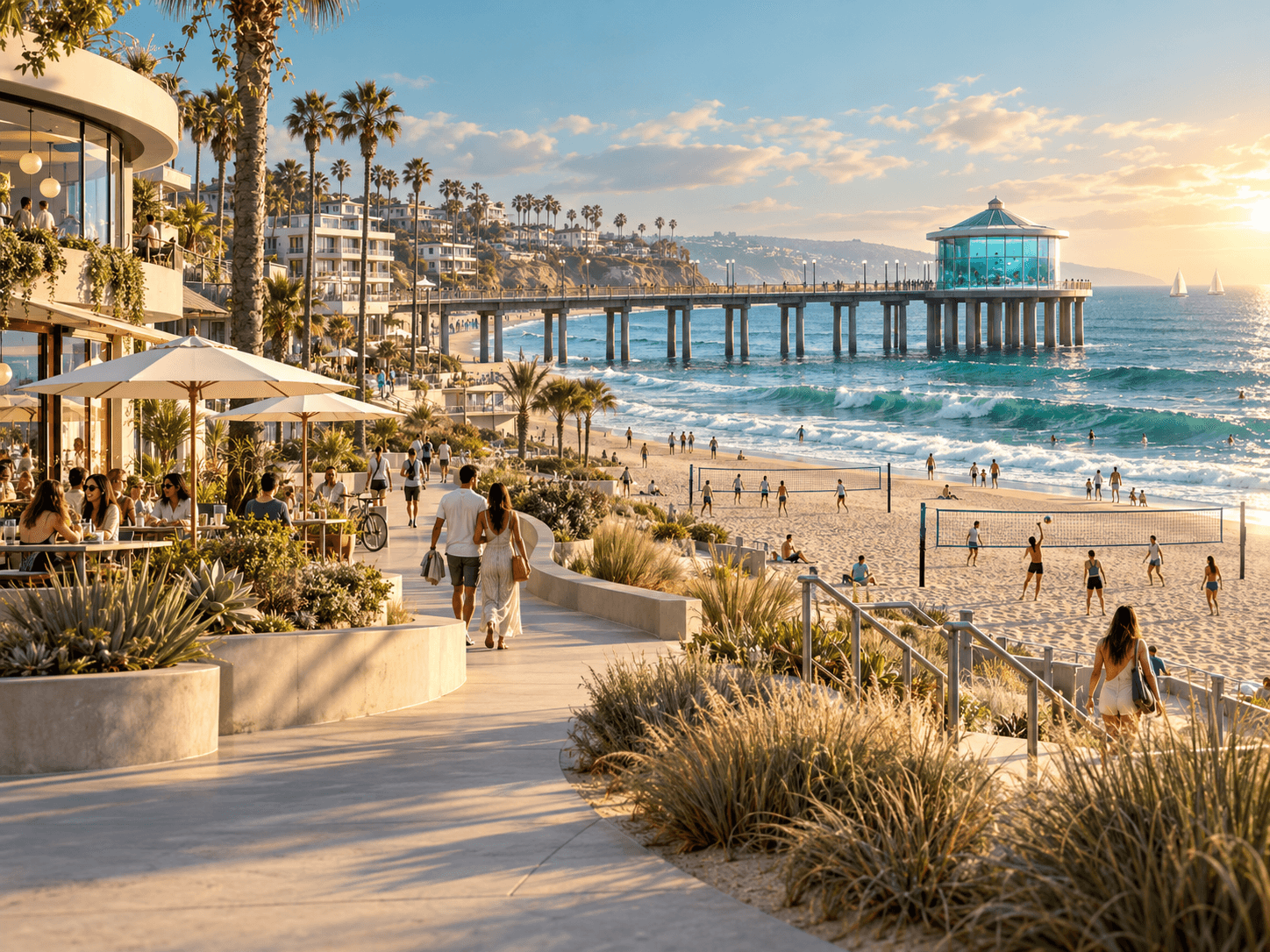Imagined sea-glass coastal promenade, aquarium-inspired pier pavilion, cafe terraces and beach volleyball. Concept collage, not an actual Manhattan Beach view.